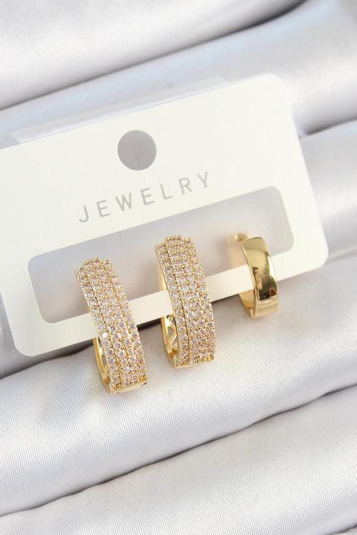 Pirinç Zirkon Taşlı Damla Model Gold Renk 3 lü Çift Kadın Küpe Set