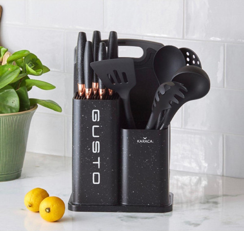 Gusto 12 Parça Bıçak Servis Kesme Tahtası Seti Siyah