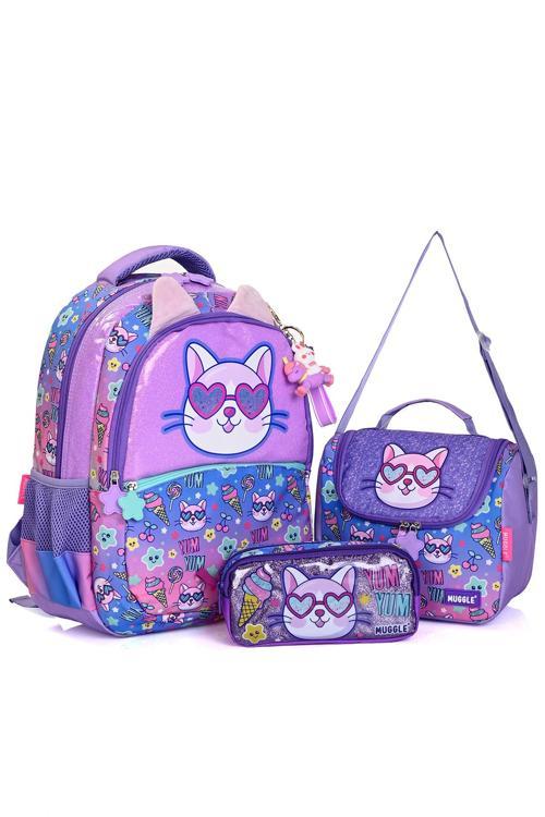 Mu-5802 Mor Kedi Desenli Okul Çanta Seti 3'lü – Sırt Çantası, Beslenme Çantası ve Kalemlik