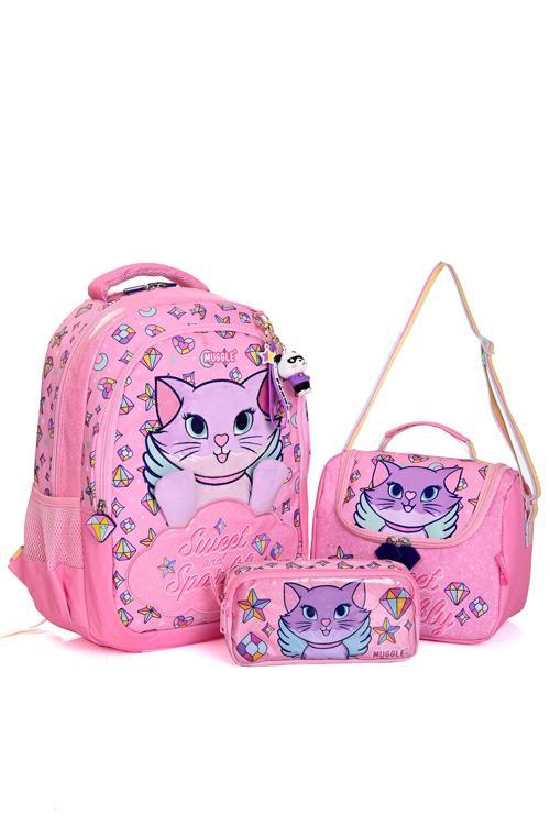 Mu-5796 Pembe Kedi Desenli Okul Çanta Seti 3'lü – Sırt Çantası, Beslenme Çantası ve Kalemlik