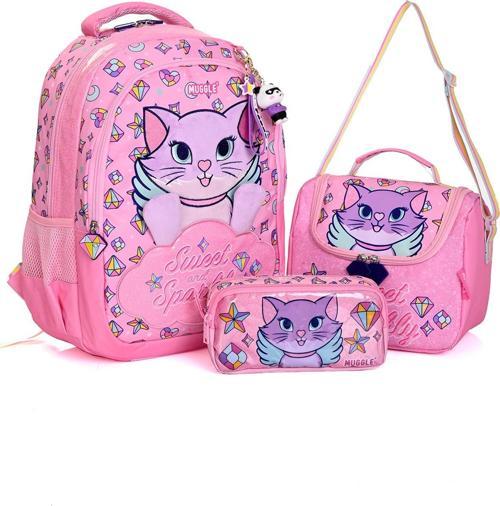 Mu-5796 Pembe Kedi Desenli Okul Çanta Seti 3'lü – Sırt Çantası, Beslenme Çantası ve Kalemlik