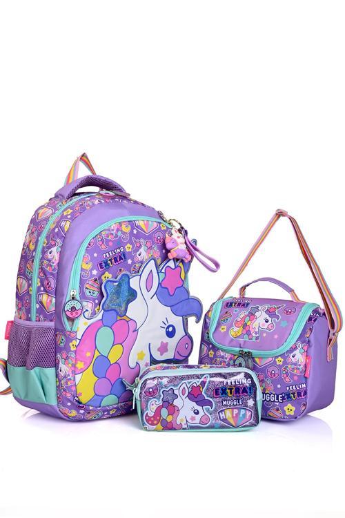 Mu-5719 Unicorn Desenli Okul Çanta Seti 3'lü – Sırt Çantası, Beslenme Çantası ve Kalemlik