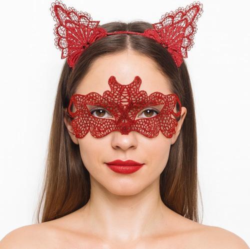 Ateş Kırmızısı Dantel Taç ve Maske Seti 10 No - Maskeli Balo & Özel Gün Seti