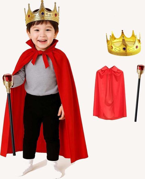 Çocuk Kral Kostüm Seti – Kırmızı Pelerin, Taç ve Asa (90 cm)