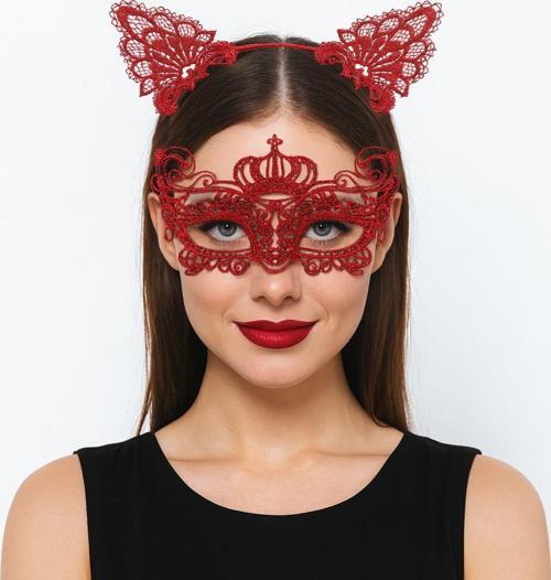 Lüks Kırmızı Dantel Taçlı Maske Seti 2 No - Parti, Balo, Kostüm Aksesuarı