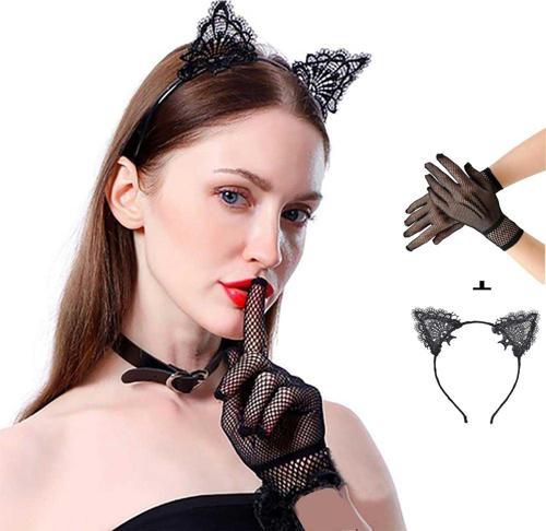 Siyah Kedi Dantel Taç + Eldiven Seti – Parti, Dans ve Kostüm Kombini
