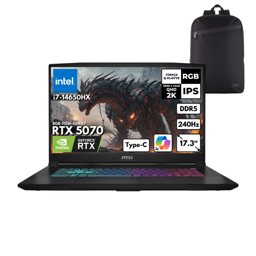 KATANA 17 HX i7-14650HX 64GB 1 TBSSD RTX5070 (8GB-115W) 17.3" 2K QHD 240Hz Win11 Pro + Sırt Ç. B14WGK-046XTRHMF18
