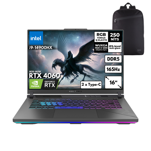 Rog Strix G16 i9-14900HX 40GB 2 TBSSD RTX4060 (8GB-140W) 16" WUXGA Win11 Pro + HMF Sırt Ç.G614JVR-N3095HMF36