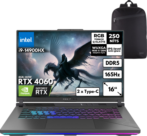 Rog Strix G16 i9-14900HX 64GB 2 TBSSD RTX4060 (8GB-140W) 16" WUXGA Win11 Home + HMF Sırt Ç.G614JVR-N3095HMF57