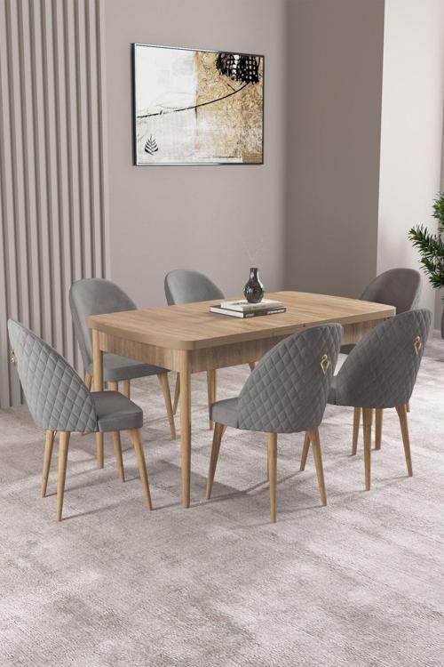Milas Meşe Desen 80x132 Açılabilir Mdf Masa Yemek Odası Takımı, Mutfak Takımı 6 Adet Sandalye