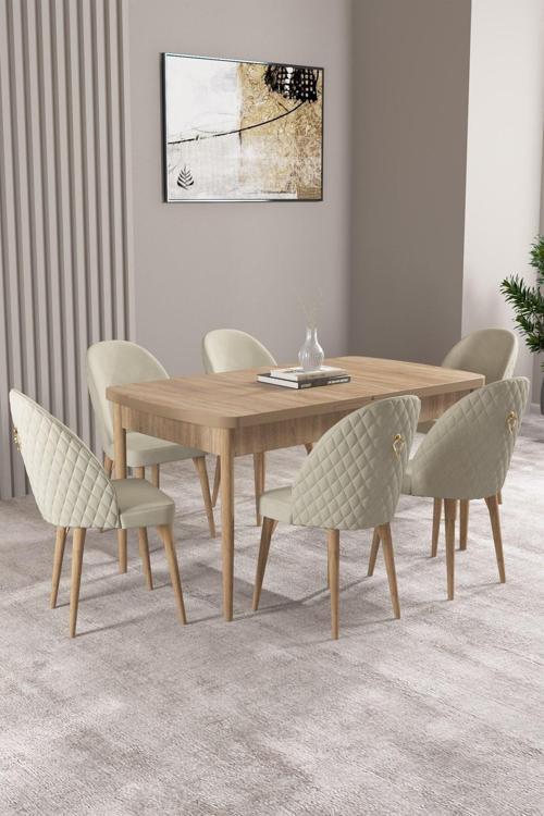 Milas Meşe Desen 80x132 Açılabilir Mdf Masa Yemek Odası Takımı, Mutfak Takımı 6 Adet Sandalye