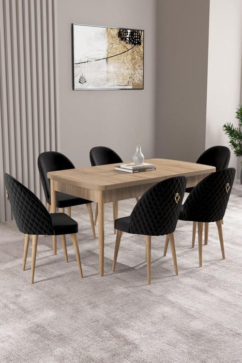 Milas Meşe Desen 80x132 Açılabilir Mdf Masa Yemek Odası Takımı, Mutfak Takımı 6 Adet Sandalye
