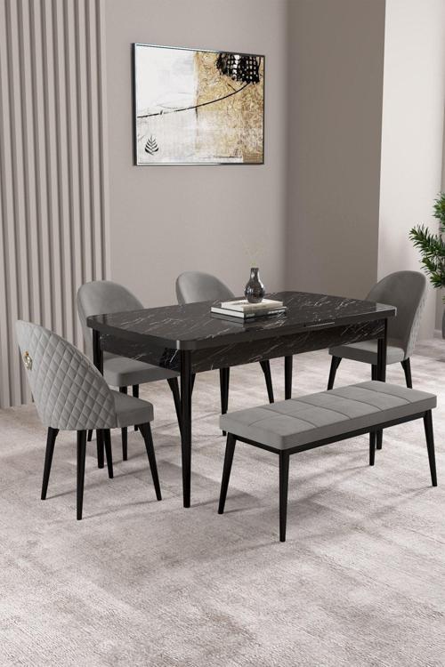 Milas Siyah Mermer Desen 80x132 Açılabilir Mdf Masa Yemek Odası Takımı,Mutfak Takımı 4 Sandalye, 1 B
