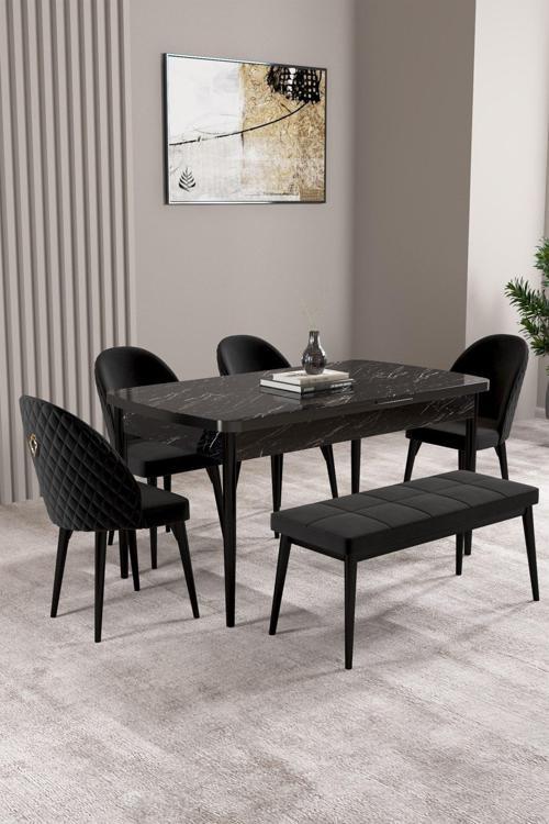 Milas Siyah Mermer Desen 80x132 Açılabilir Mdf Masa Yemek Odası Takımı,Mutfak Takımı 4 Sandalye, 1 B