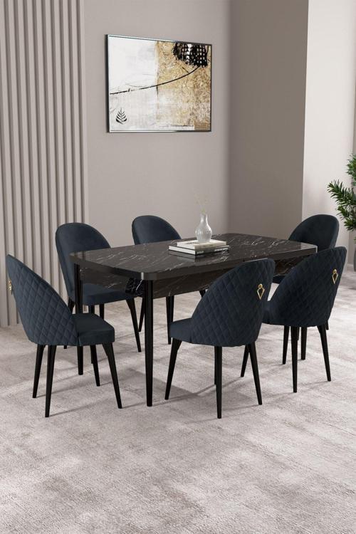 Milas Siyah Mermer Desen 80x132 Açılabilir Mdf Masa Yemek Odası Takımı,Mutfak Takımı 6 Adet Sandalye