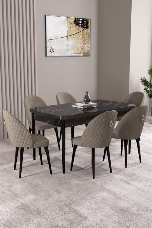 Milas Siyah Mermer Desen 80x132 Açılabilir Mdf Masa Yemek Odası Takımı,Mutfak Takımı 6 Adet Sandalye