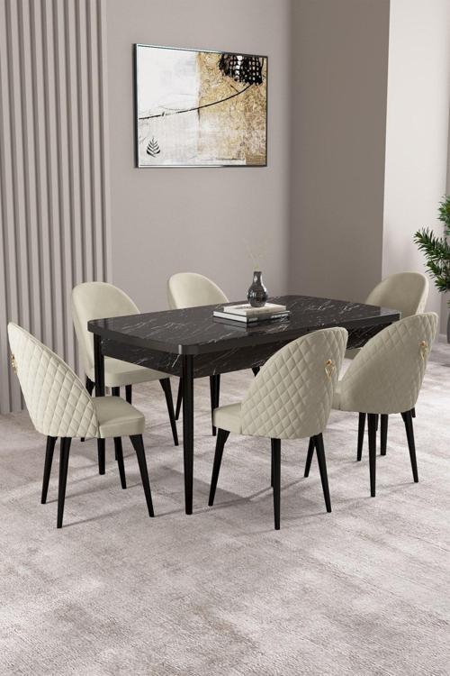 Milas Siyah Mermer Desen 80x132 Açılabilir Mdf Masa Yemek Odası Takımı,Mutfak Takımı 6 Adet Sandalye