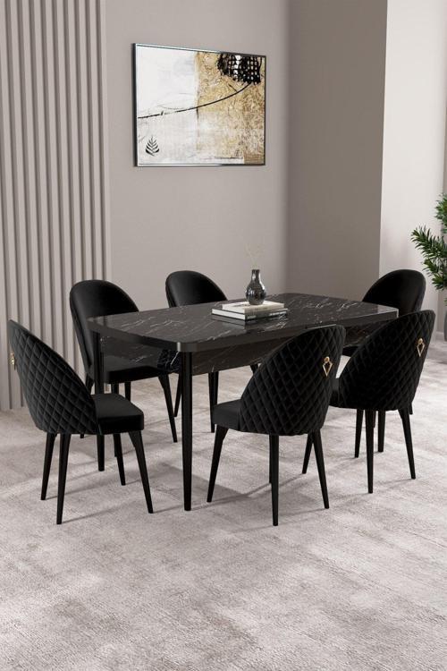 Milas Siyah Mermer Desen 80x132 Açılabilir Mdf Masa Yemek Odası Takımı,Mutfak Takımı 6 Adet Sandalye