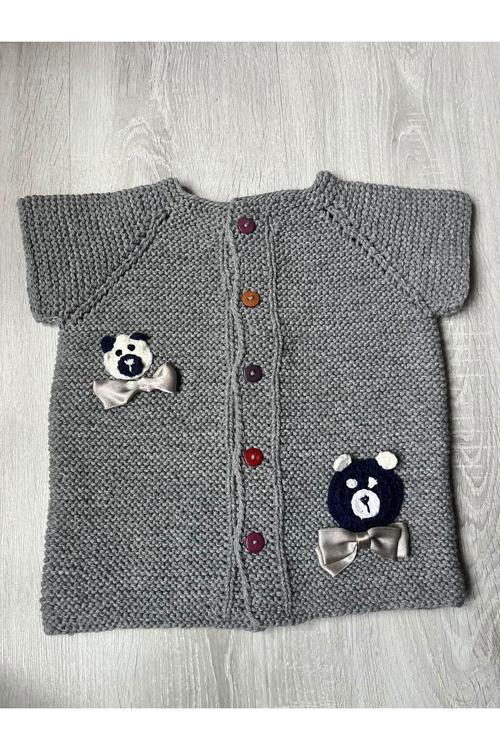 Erkek Bebek/Çocuk  Gri Papyonlu Ayı Figürlü Yelek El Örmesi
