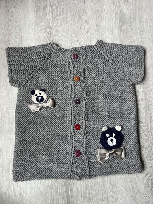 Erkek Bebek/Çocuk  Gri Papyonlu Ayı Figürlü Yelek El Örmesi