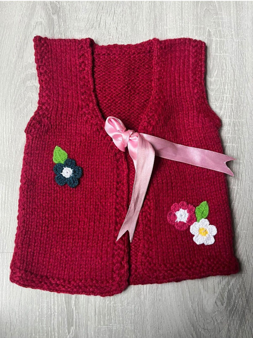 Kız Bebek&Çocuk Yeleği El Örmesi Çiçekli Kurdele Bağlamalı