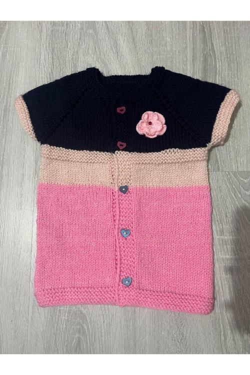 Kız Bebek&Çocuk Yelek El Örmesi Kalpli Düğmeli Çiçekli