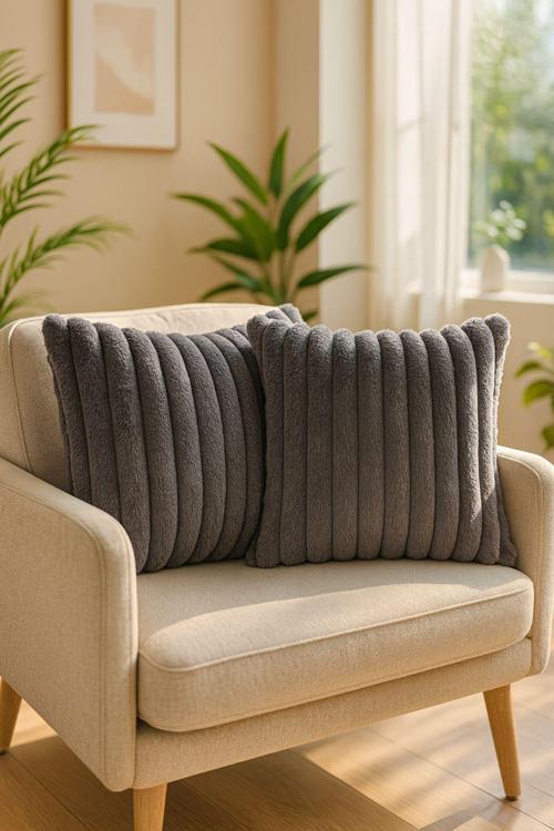 2 Adet 45X45 Antrasit Peluş Çift Taraflı Modern Yıkanabilir Kırlent Kılıfı,Yastık Kılıfı