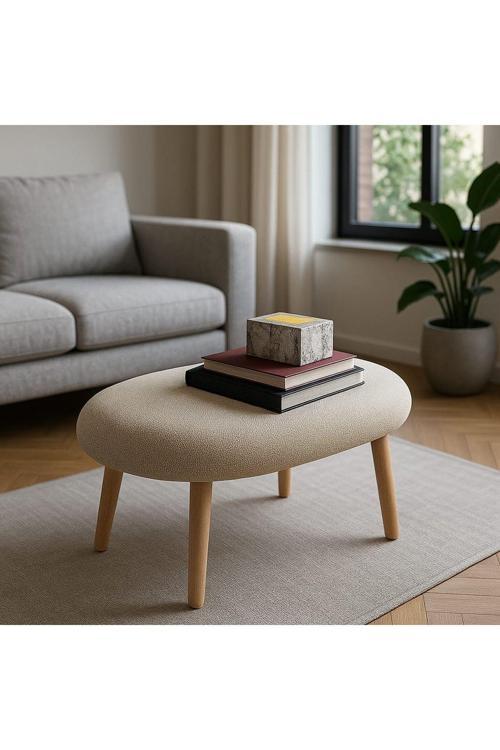 Modern Çok Amaçlı Bej Teddy Kumaş Tabure & Puf Ahşap Ayaklı Sehpa – Oturma – Dekoratif