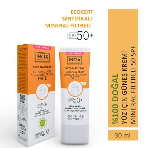 %100 Doğal Yüz Güneş Kremi Leke Karşıtı Aydınlatıcı Mineral Filtre UVA1 UVA2 UVB SPF 50+ 30 ml