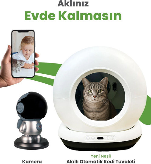 Akıllı Otomatik Kedi Yaşam Seti 2’Li Set – 75 L Otomatik Kedi Tuvaleti, Wi-Fi Kameralı Takip Sistemi