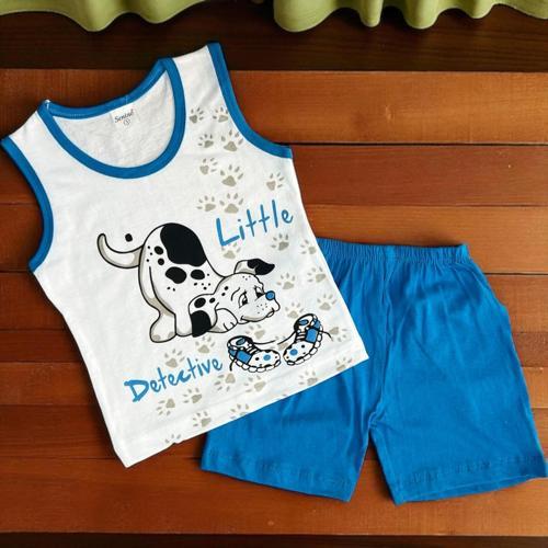 DEDEKTİF KÖPEK BASKLI KOLSUZ TSHIRT ŞORT TAKIM Mavi