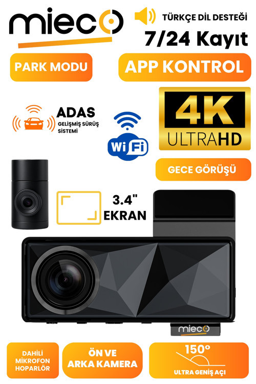A11 Wifi/ 4K UHD/ 150° Ultra Geniş Açı/ GPS/ ADAS/ Ön+Arka Araç Kamerası