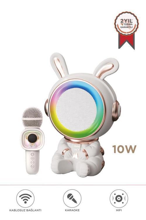 KIDMIC-05 Beyaz RGB Tavşan Figürlü Mikrofonlu Karaoke Bluetooth Hoparlör