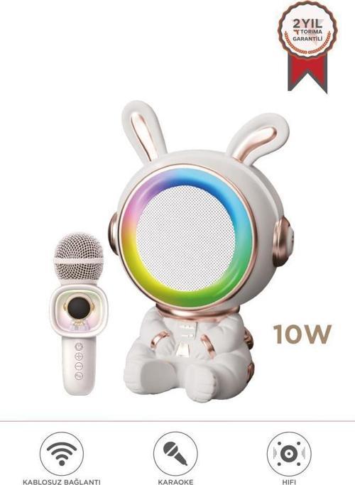 KIDMIC-05 Beyaz RGB Tavşan Figürlü Mikrofonlu Karaoke Bluetooth Hoparlör
