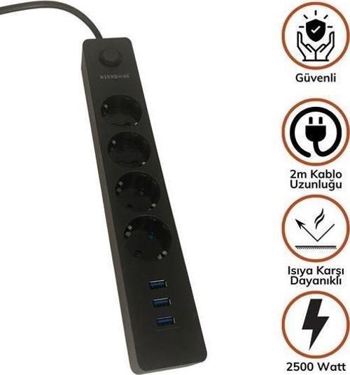 Termak Akım Korumalı 4 Priz 3 USB Girişli Uzatma Kablosu Güç&Şarj