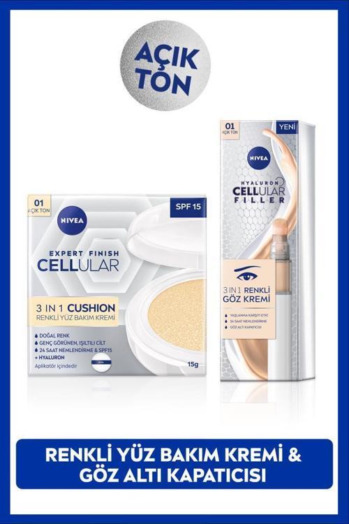 SPF15 Cellular Expert Finish Cushion Renkli Yüz Bakım Kremi 15ml ve Göz Bakım Kremi 15ml, Açık Ton