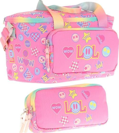 (L7237+L8237) Beslenme Çantası (Isı Yalıtımlı) ve Kalem Çantası (Üç Bölme) Seti - Kız Çocuk - Pembe Lol Baskılı