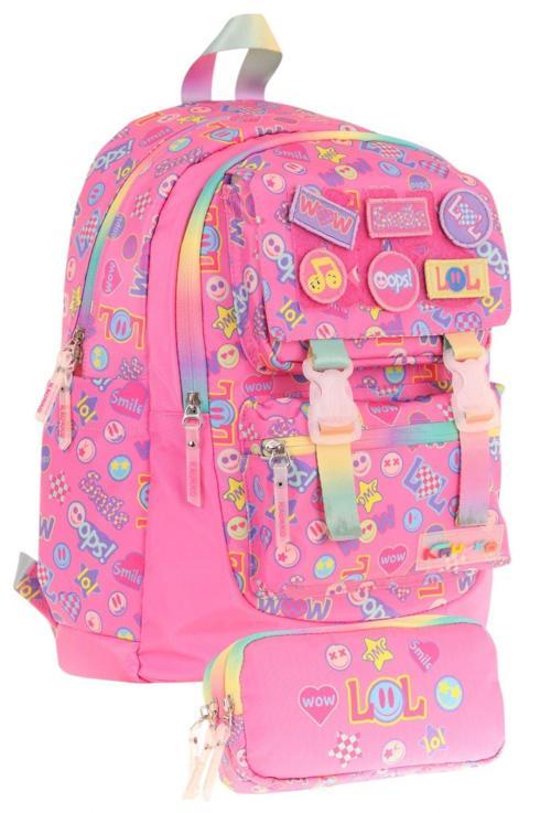 Armalı Yazı Desenli Okul Çantası + Kalemlik Seti (L5237+L8237) Kız Çocuk - Pembe
