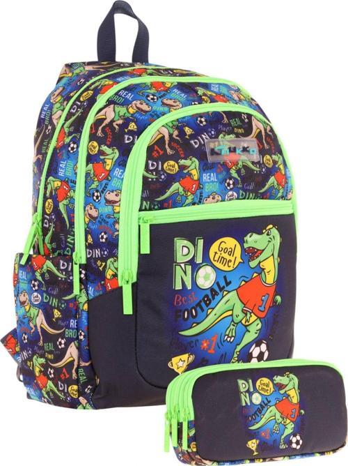 Çanta Erkek Çocuk Dinazor Desenli Baskılı Okul Çantası ve Kalem Kutusu Seti (L5266+KK-L8266) - Siyah Yeşil