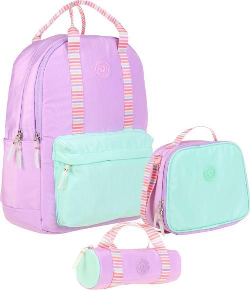 Double Stripe Kız Çocuk İlkokul Üçlü Okul Çantası Seti - Lila - Çift Renk