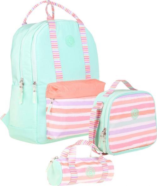 Double Stripe Kız Çocuk İlkokul Üçlü Okul Çantası Seti - Su Yeşili Pembe - Çizgi Desenli