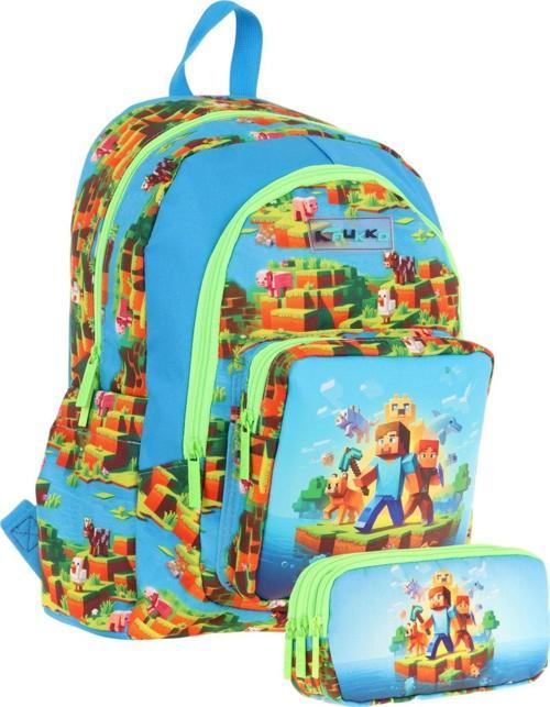 Kids (L5280+L8280) Üç Gözlü Erkek Çocuk Okul Çantası ve Kalem Çantası Seti - Yeşil Mavi - Craft Baskılı