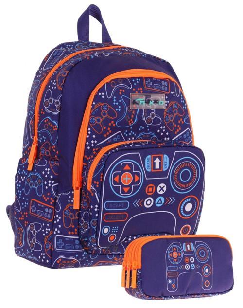 Kids (L5281+L8281) Üç Gözlü Erkek Çocuk Okul Çantası ve Kalem Çantası Seti - Turuncu Lacivert - Oyun Baskılı