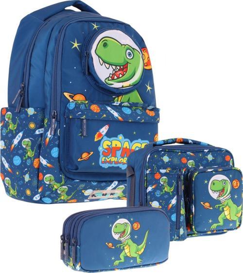 Kids 3D Dinazor Şekilli Erkek Çocuk Üçlü Okul Çantası Seti/Takımı - Lacivert (L5252+L7252+L8252)