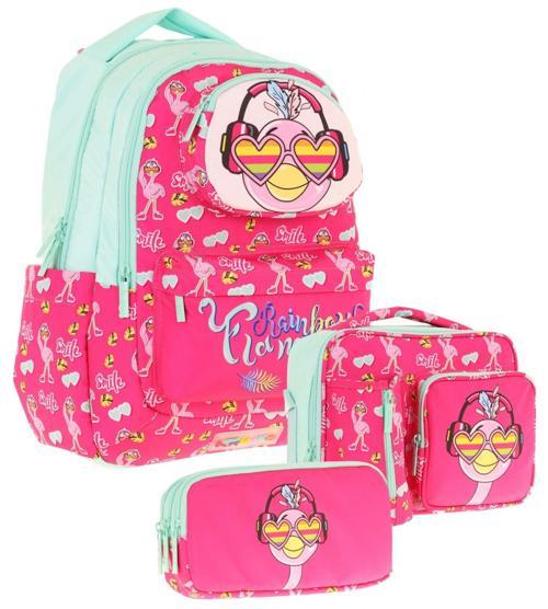 Kids 3D Flamingo Şekilli Kız Çocuk Üçlü Okul Çantası Seti/Takımı - Kırmızı Yeşil (L5235+L7235+L8235)