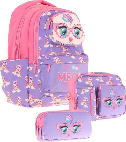 Kids 3D Kedi Şekilli Kız Çocuk Üçlü Okul Çantası Seti/Takımı - Mor Pembe (L5236+L7236+L8236)