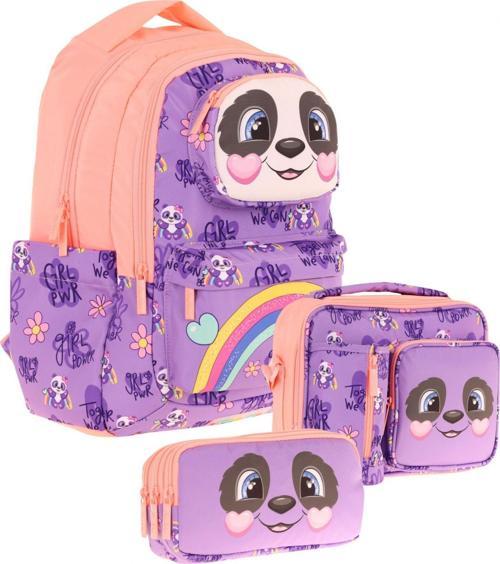 Kids 3D Panda Şekilli Kız Çocuk Üçlü Okul Çantası Seti/Takımı - Mor Somon (L5233+L7233+L8233)
