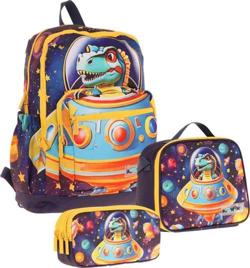 Kids Dört Bölmeli Okul Çantası + Beslenme +Kalemlik Seti (Astronot Dinazor - Erkek Çocuk - Mavi Sarı)