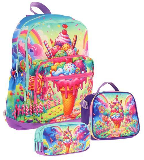 Kids Dört Bölmeli Okul Çantası + Beslenme +Kalemlik Seti (Dondurma - Kız Çocuk - Kırmızı Mavi)