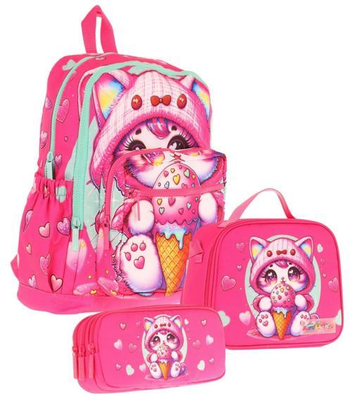 Kids Dört Bölmeli Okul Çantası + Beslenme +Kalemlik Seti (Dondurma Yiyen Kedi - Kız Çocuk - Pembe)